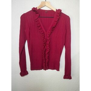 One Girl Who Burgundy Red Ribbed Ruffle V-Neck Button Front Cardigan Sweater
